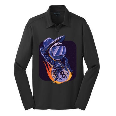 Bitcoin Astronaut To The Moon Silk Touch Performance Long Sleeve Polo