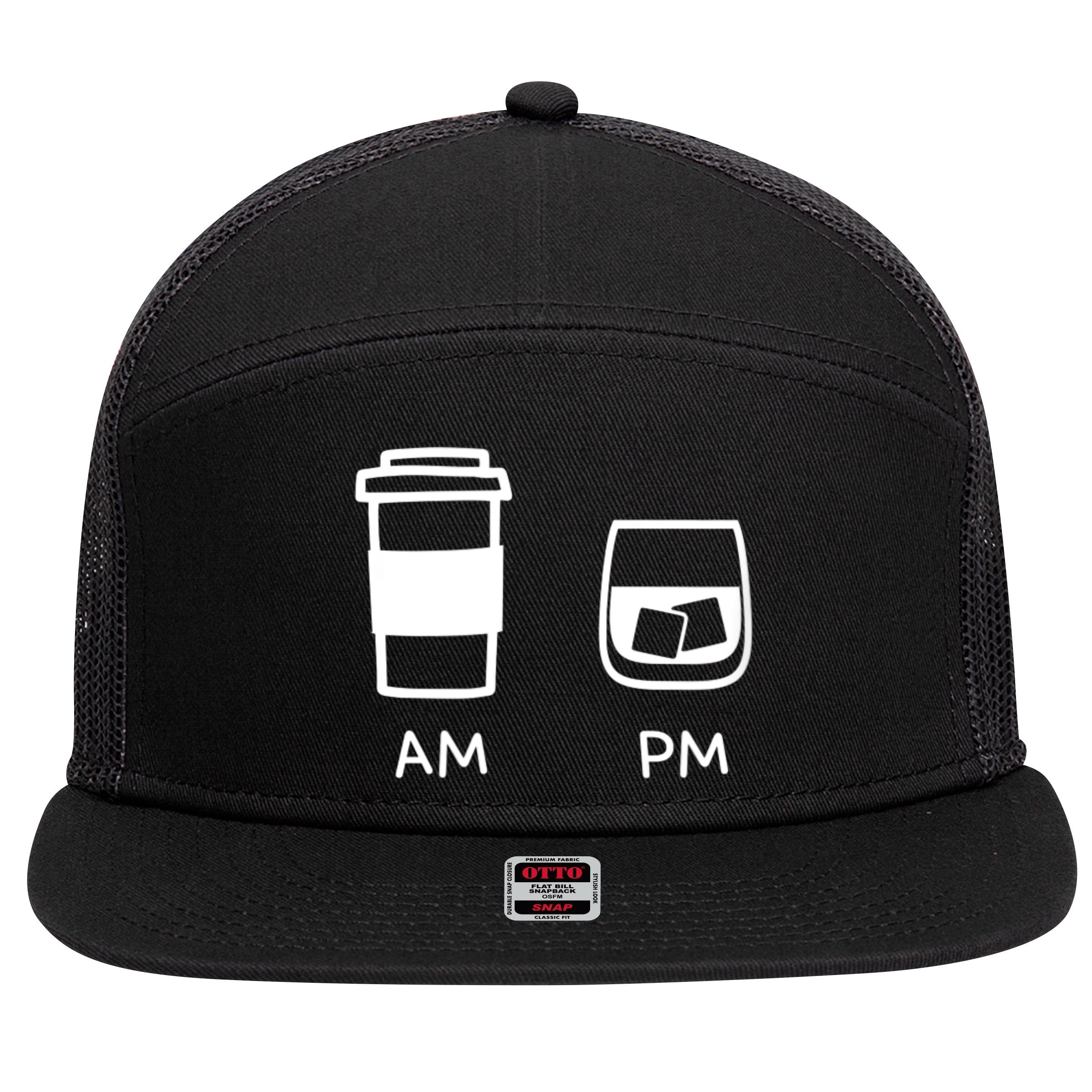 Big And Tall Am To Pm Coffee Whisky Rum Tequila Vodka 7 Panel Mesh Trucker Snapback Hat