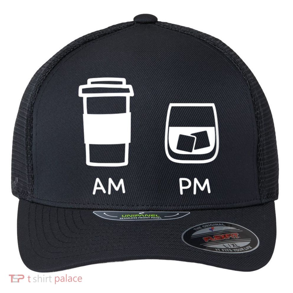Big And Tall Am To Pm Coffee Whisky Rum Tequila Vodka Flexfit Unipanel Trucker Cap