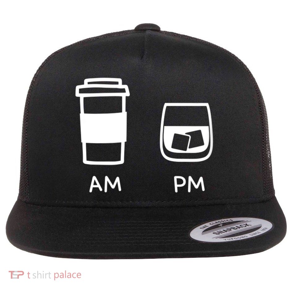 Big And Tall Am To Pm Coffee Whisky Rum Tequila Vodka Flat Bill Trucker Hat