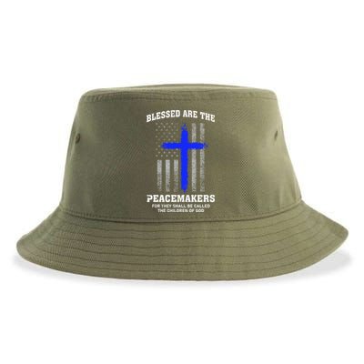 Blessed Are The Peacemakers Thin Blue Line Cross Gift Sustainable Bucket Hat