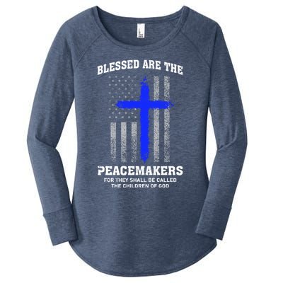 Blessed Are The Peacemakers Thin Blue Line Cross Gift Women's Perfect Tri Tunic Long Sleeve Shirt