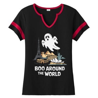 Boo Around The World Halloween Travel Enthusiast Design Ladies Halftime Notch Neck Tee