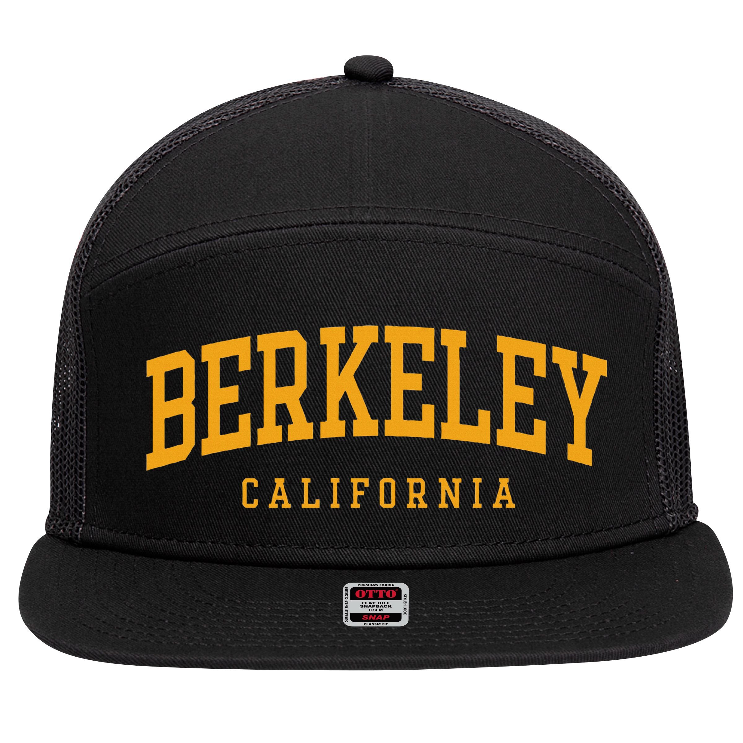 Berkeley Arched Text Yellow 7 Panel Mesh Trucker Snapback Hat
