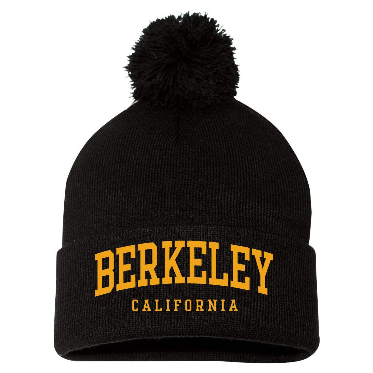 Berkeley Arched Text Yellow Pom Pom 12in Knit Beanie
