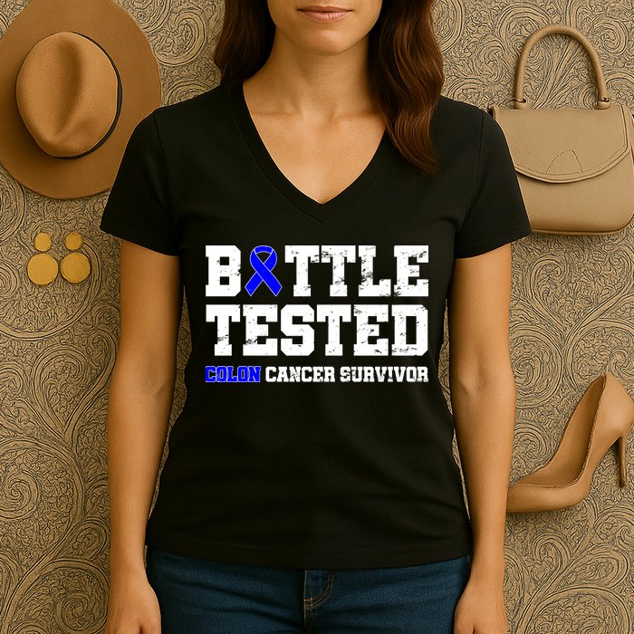Battle Tested Colon Cancer Survivor Women's V-Neck T-Shirt