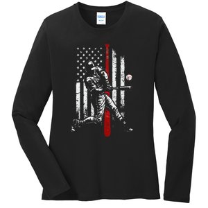 Baseball American USA Flag Patriotic Ladies Long Sleeve Shirt