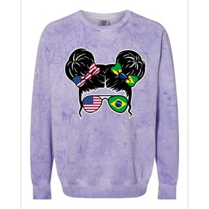 Brazil And United States Flag Messy Bun Colorblast Crewneck Sweatshirt