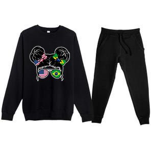 Brazil And United States Flag Messy Bun Premium Crewneck Sweatsuit Set