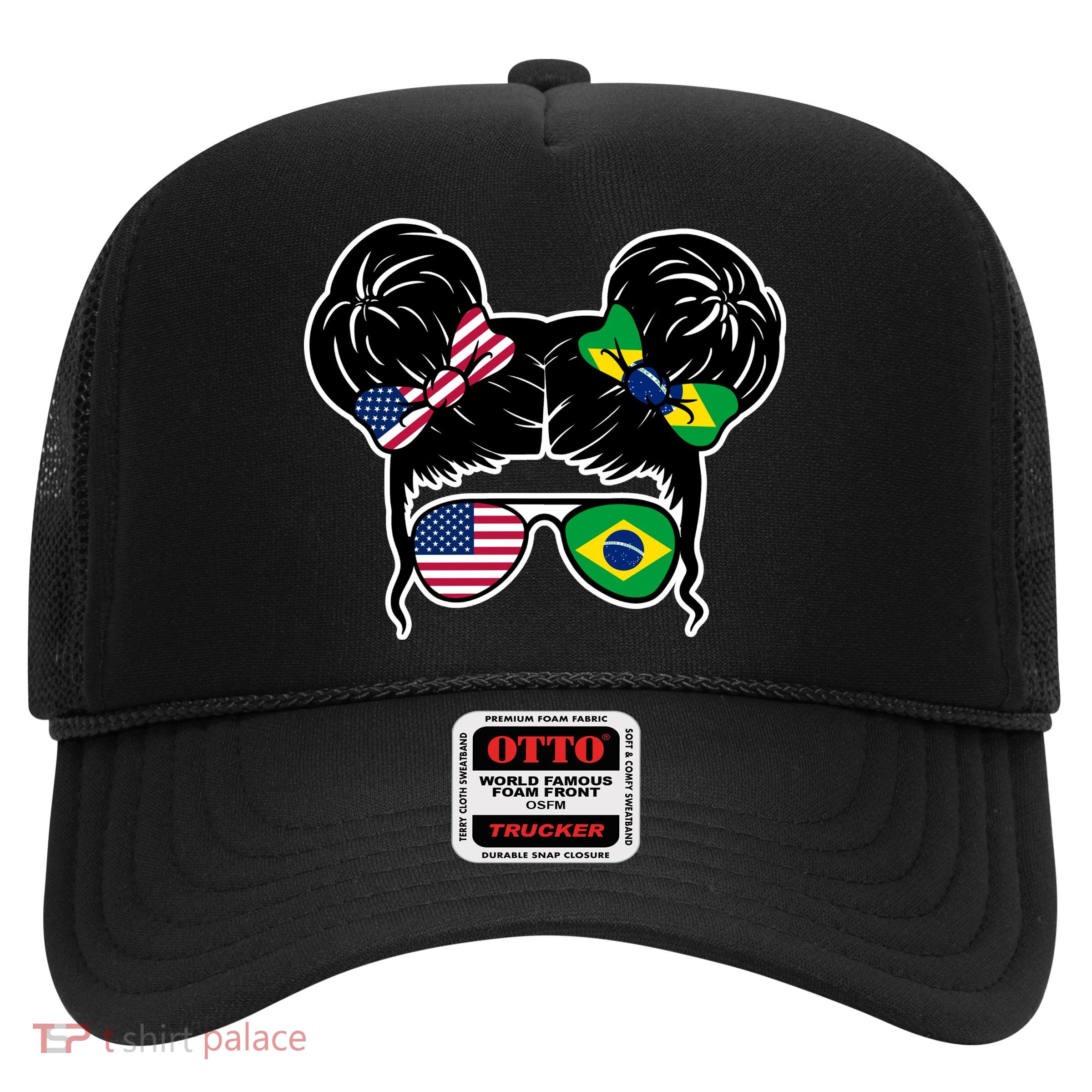 Brazil And United States Flag Messy Bun Trucker Hat