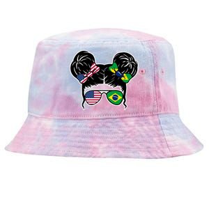 Brazil And United States Flag Messy Bun Tie-Dyed Bucket Hat