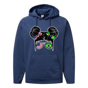 Brazil And United States Flag Messy Bun Performance Fleece Hoodie