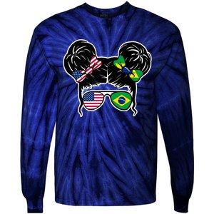 Brazil And United States Flag Messy Bun Tie-Dye Long Sleeve Shirt