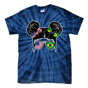 Brazil And United States Flag Messy Bun Tie-Dye T-Shirt