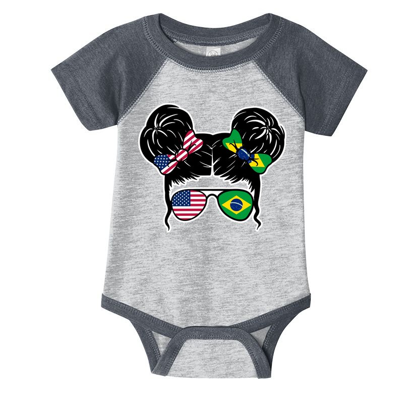 Brazil And United States Flag Messy Bun Infant Baby Jersey Bodysuit