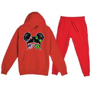 Brazil And United States Flag Messy Bun Premium Hooded Sweatsuit Set