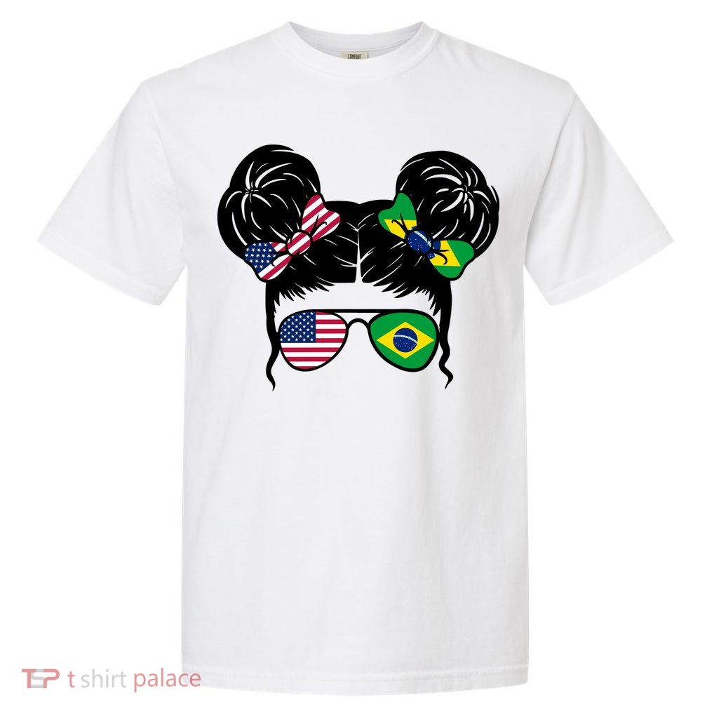 Brazil And United States Flag Messy Bun Garment-Dyed Heavyweight T-Shirt