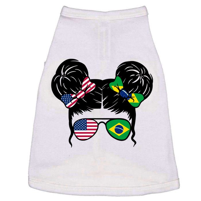 Brazil And United States Flag Messy Bun Doggie Tank