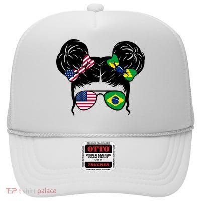 Brazil And United States Flag Messy Bun High Crown Mesh Back Trucker Hat