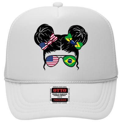 Brazil And United States Flag Messy Bun High Crown Mesh Back Trucker Hat