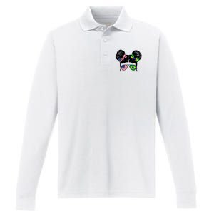 Brazil And United States Flag Messy Bun Performance Long Sleeve Polo