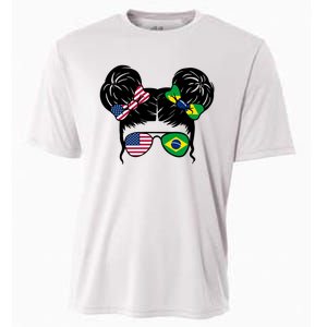 Brazil And United States Flag Messy Bun Cooling Performance Crew T-Shirt