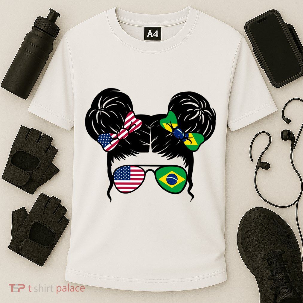 Brazil And United States Flag Messy Bun Performance Shirt