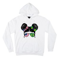 Brazil And United States Flag Messy Bun Hoodie