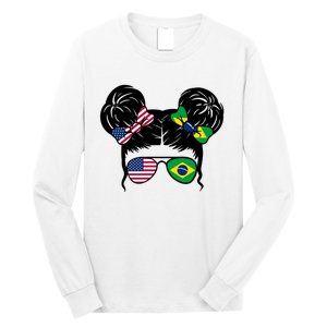 Brazil And United States Flag Messy Bun Long Sleeve Shirt