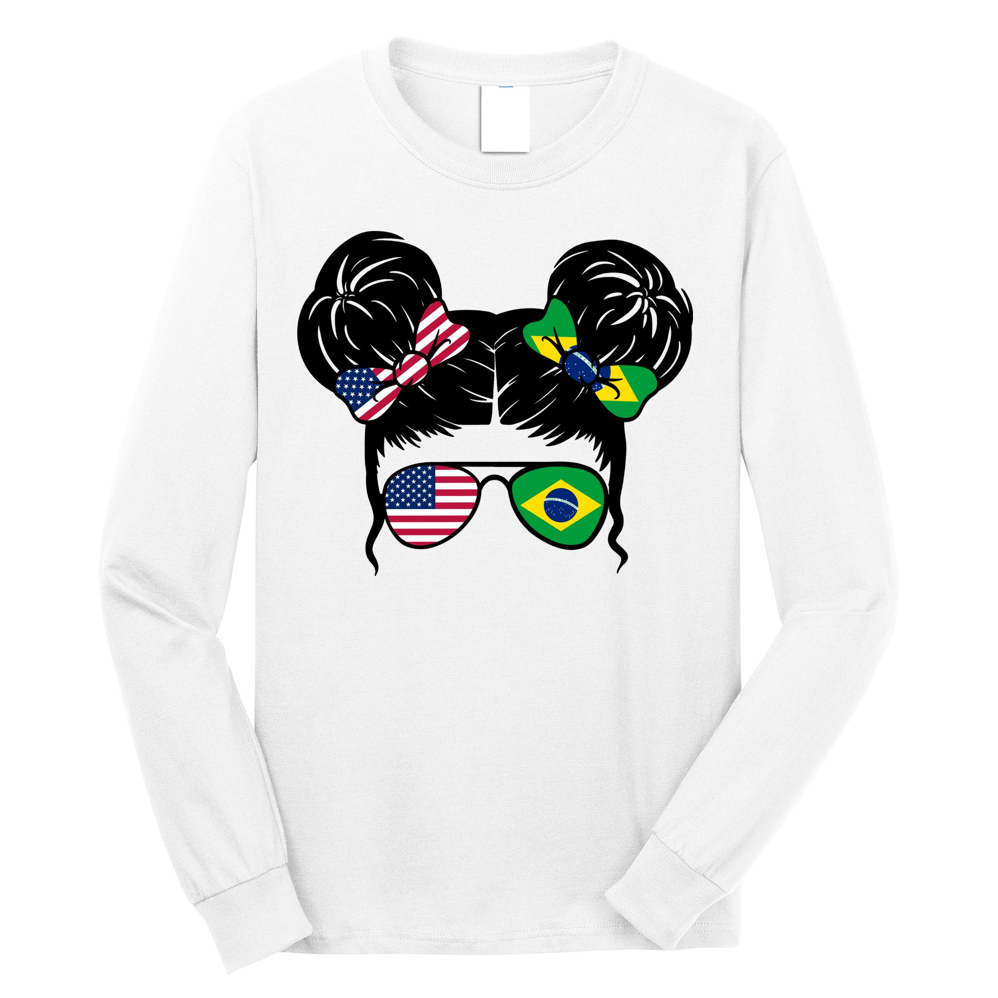 Brazil And United States Flag Messy Bun Long Sleeve Shirt
