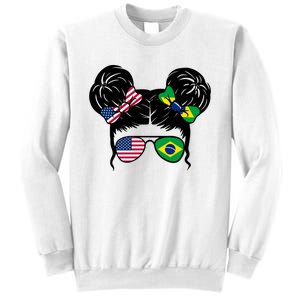 Brazil And United States Flag Messy Bun Sweatshirt