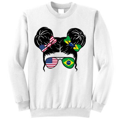Brazil And United States Flag Messy Bun Sweatshirt