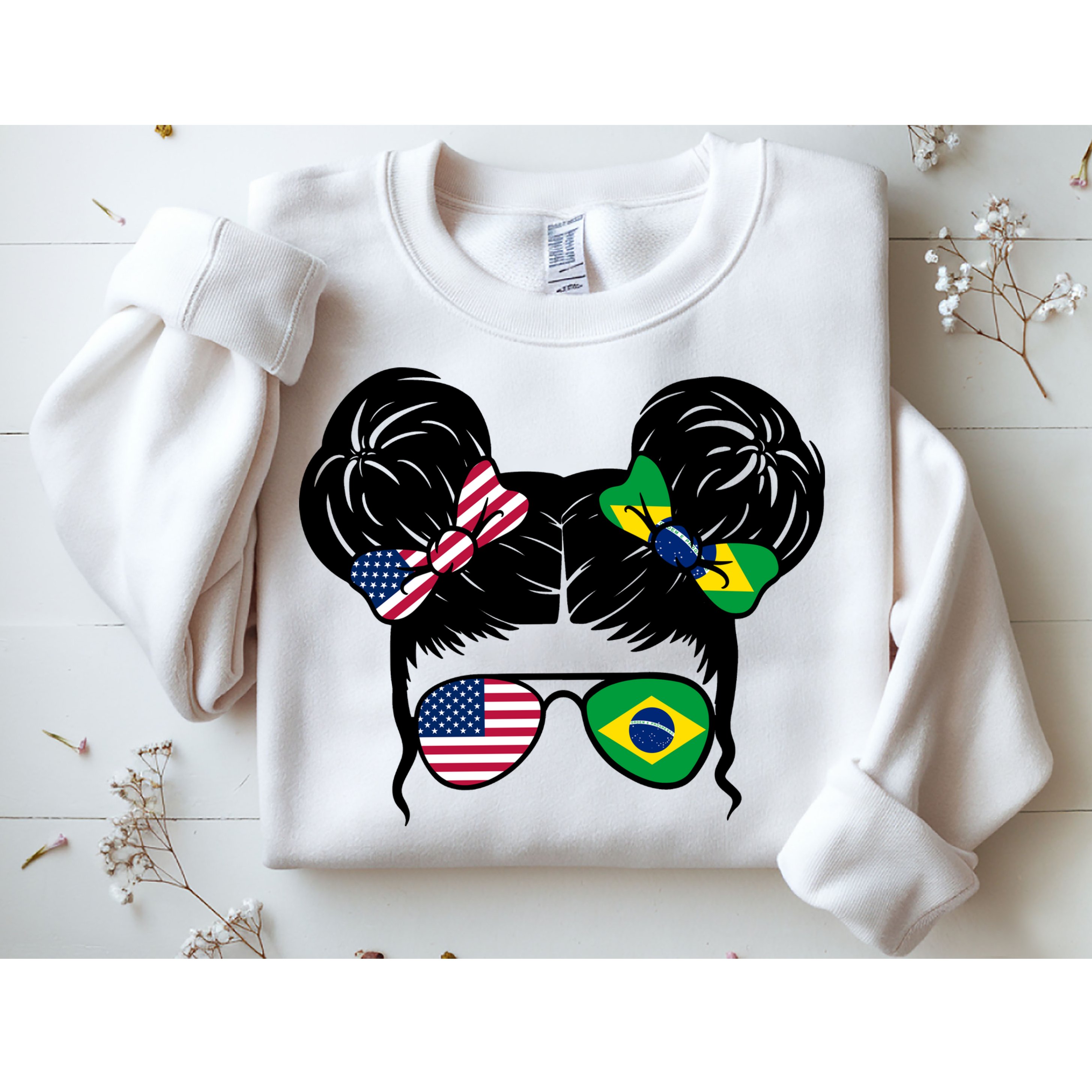 Brazil And United States Flag Messy Bun Sweatshirt