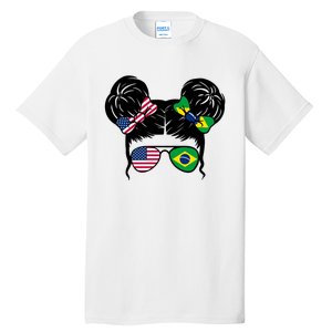 Brazil And United States Flag Messy Bun Tall T-Shirt