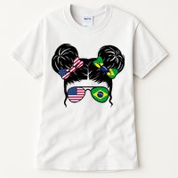 Brazil And United States Flag Messy Bun Tall T-Shirt