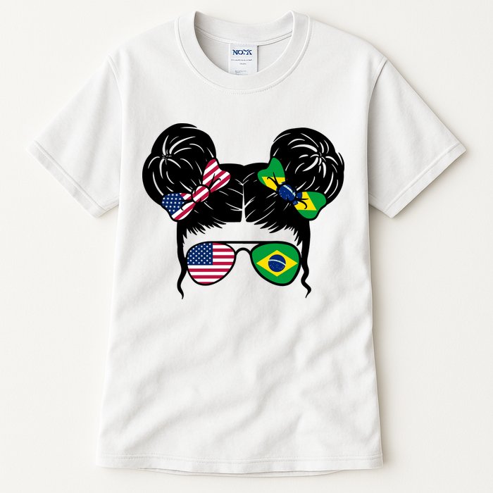 Brazil And United States Flag Messy Bun Tall T-Shirt