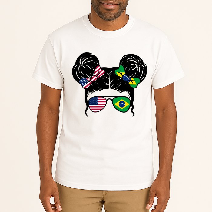 Brazil And United States Flag Messy Bun Tall T-Shirt