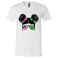 Brazil And United States Flag Messy Bun V-Neck T-Shirt