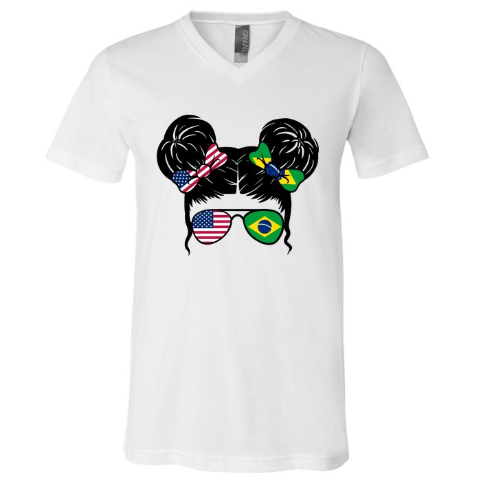 Brazil And United States Flag Messy Bun V-Neck T-Shirt