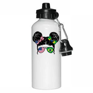 Brazil And United States Flag Messy Bun Aluminum Water Bottle 