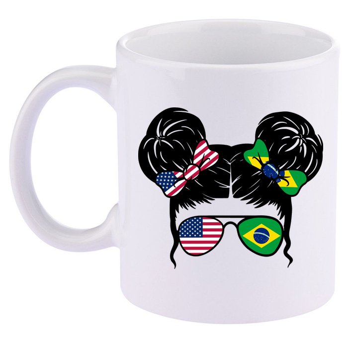 Brazil And United States Flag Messy Bun 11oz C Handle Ceramic Mug