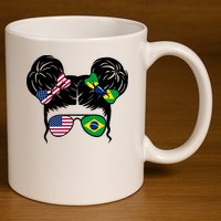Brazil And United States Flag Messy Bun 11oz C Handle Ceramic Mug