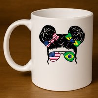 Brazil And United States Flag Messy Bun 11oz C Handle Ceramic Mug
