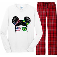 Brazil And United States Flag Messy Bun Long Sleeve Pajama Set