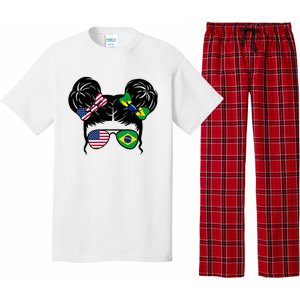 Brazil And United States Flag Messy Bun Pajama Set