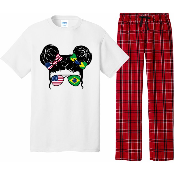 Brazil And United States Flag Messy Bun Pajama Set