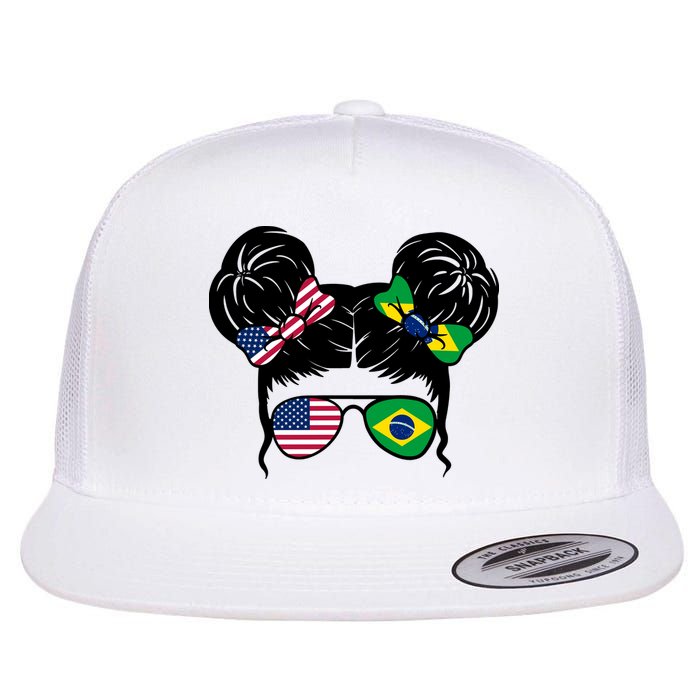 Brazil And United States Flag Messy Bun Flatbill Hat