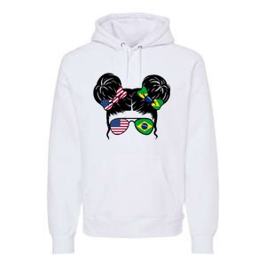 Brazil And United States Flag Messy Bun Premium Hoodie