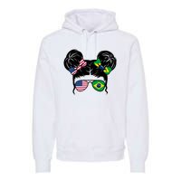 Brazil And United States Flag Messy Bun Premium Hoodie