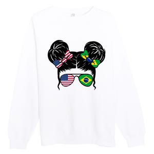 Brazil And United States Flag Messy Bun Premium Crewneck Sweatshirt